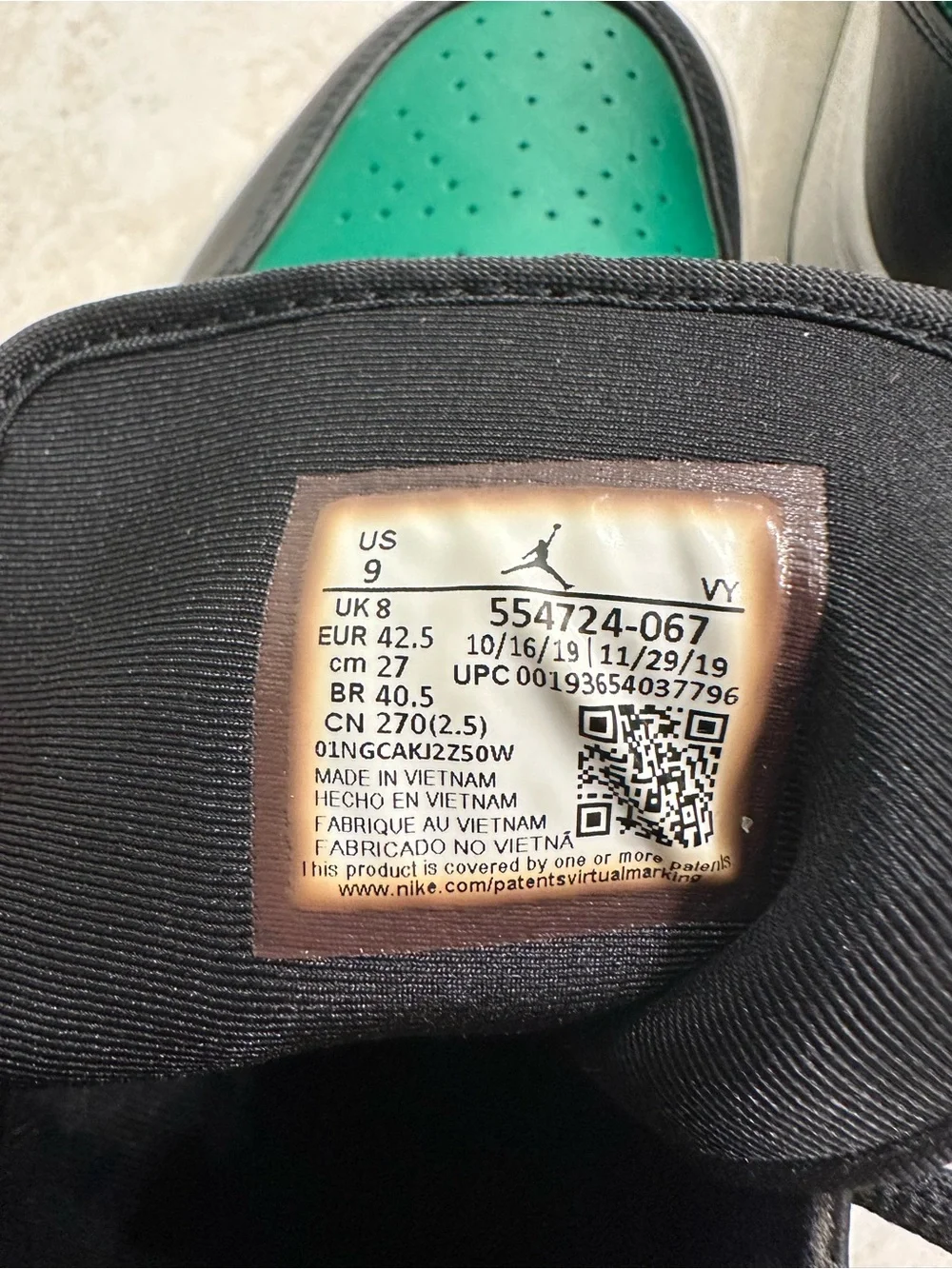 AIR JORDAN 1 GREEN TOE MENS US SIZE 9